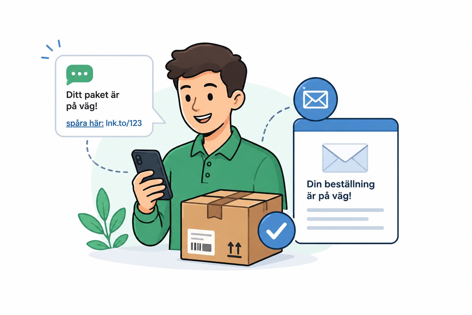 Illustration av en person som följer sin beställning via mobil, med paket samt SMS- och mejlikoner.