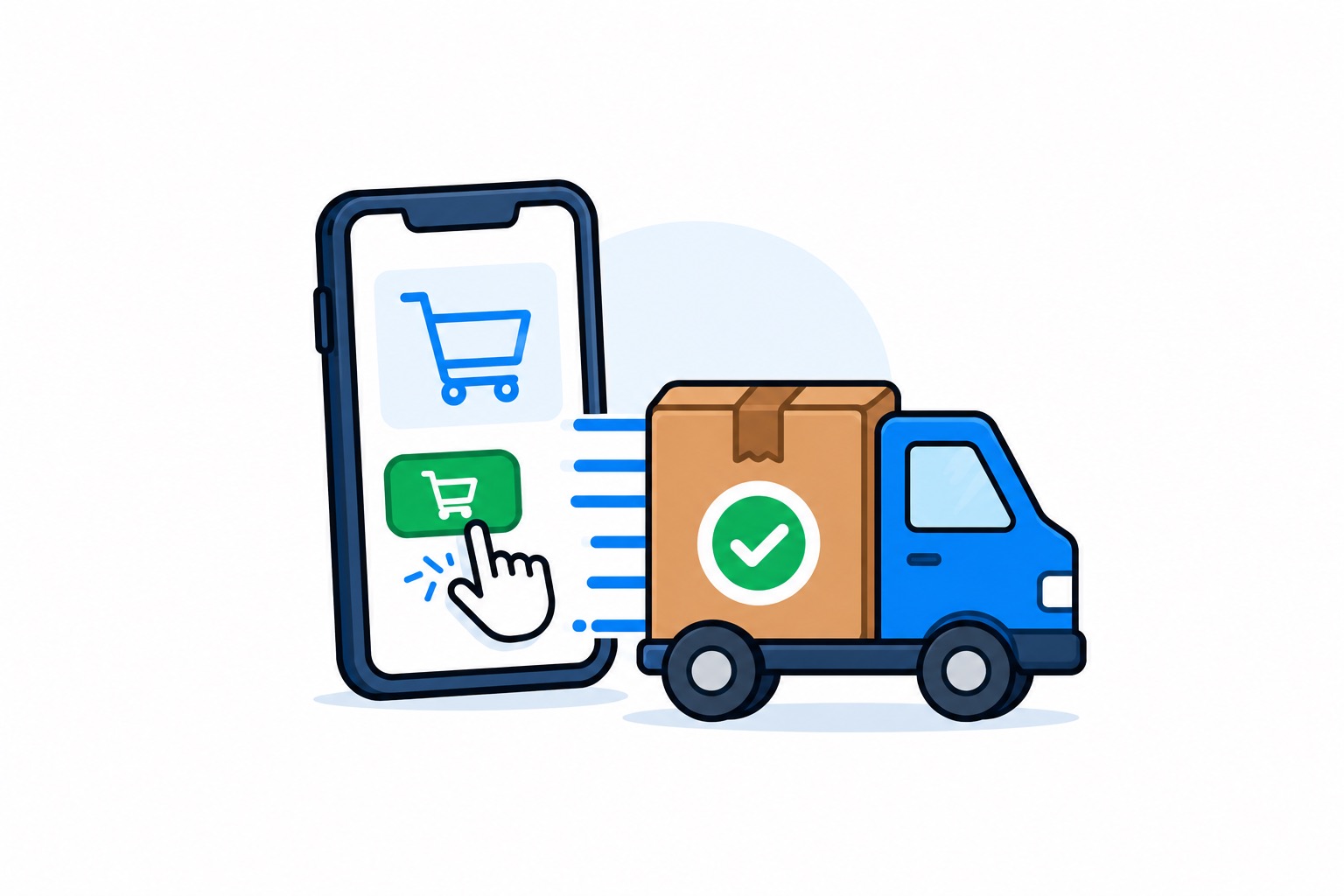 Illustration av snabb leverans med paket, leveranssymboler och rörelseeffekter som visar hög hastighet.
