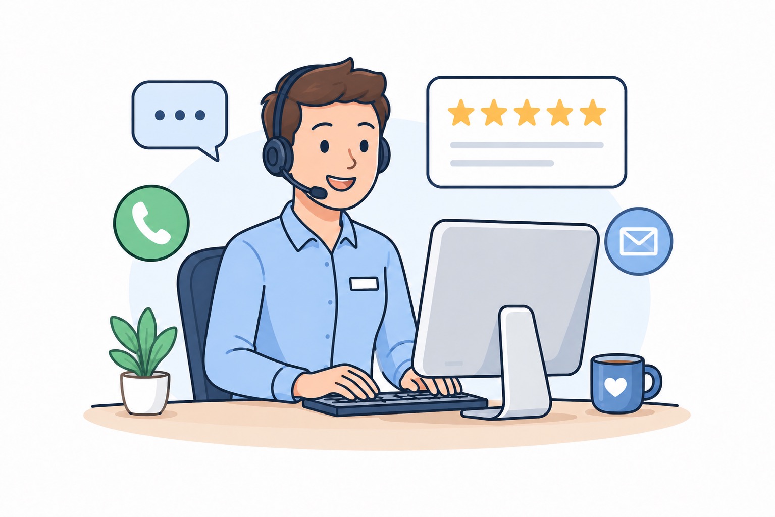 Illustration av kundtjänstmedarbetare med headset vid dator, med symboler för chatt, telefon, e-post och femstjärnig service.