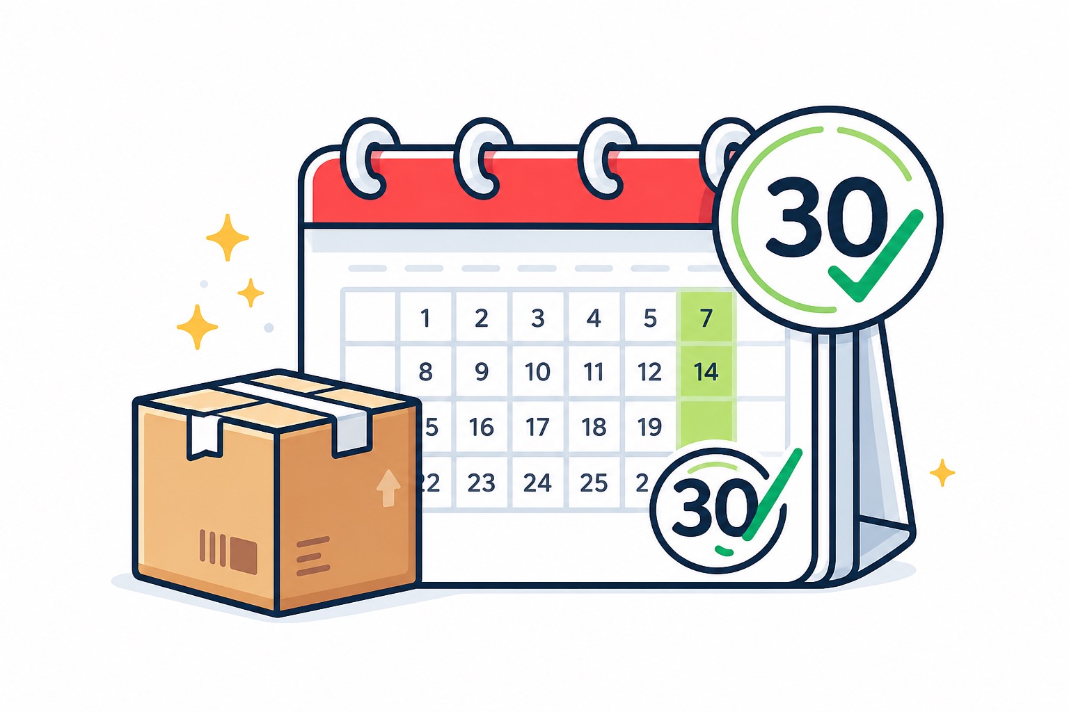 Illustration av kalender och paket som symboliserar öppet köp i 14 dagar.