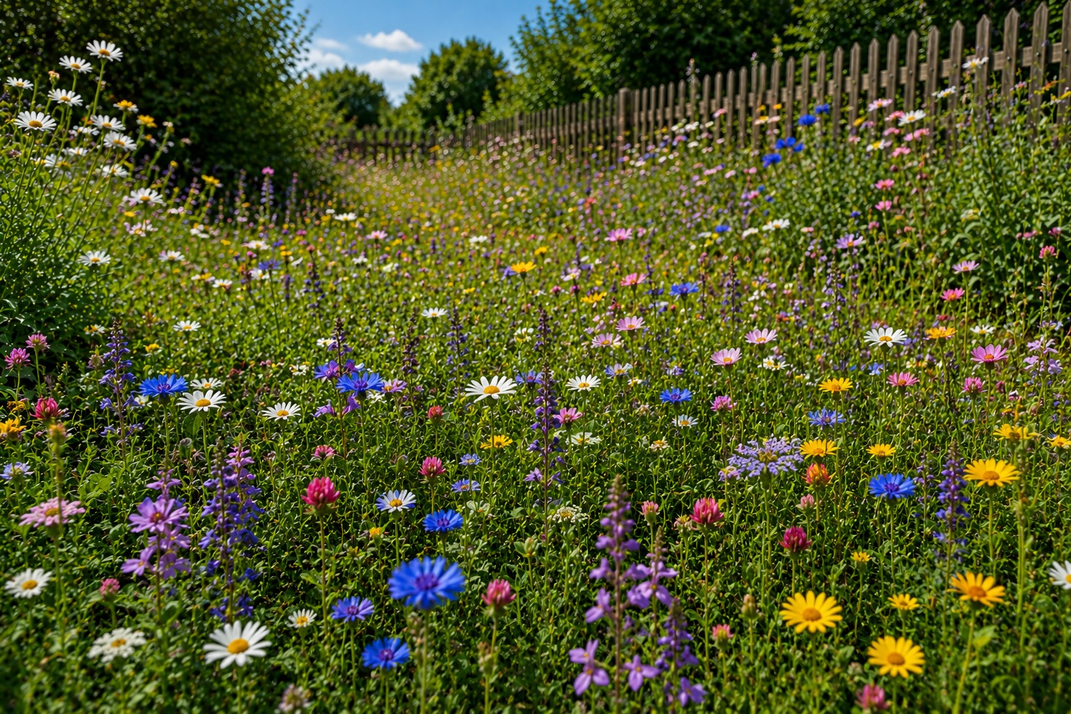 Färdig blomsteräng med färgglada ängsblommor